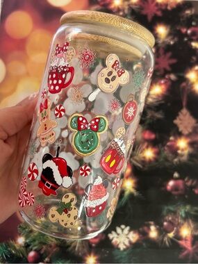 Mickey and Minnie gingerbread Christmas Cookie Glass Cup 13oz Bamboo Lid Holiday